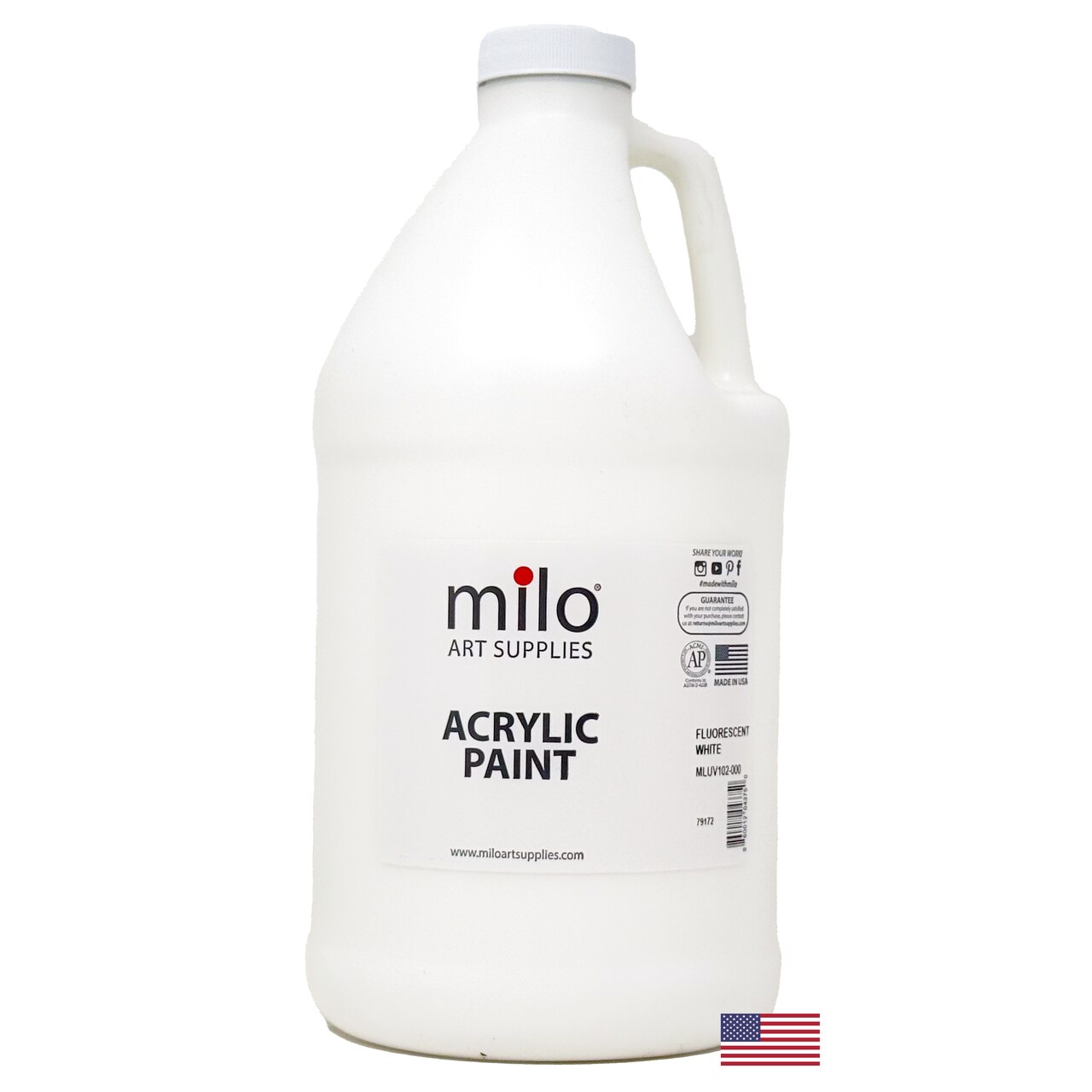 milo Fluorescent White Neon Acrylic Paint | 64 oz Bottle Half Gallon | Glows UV in Black Light | Non-Toxic Made in USA | Bulk Art Paint for Party, Student, Classroom, Artist
